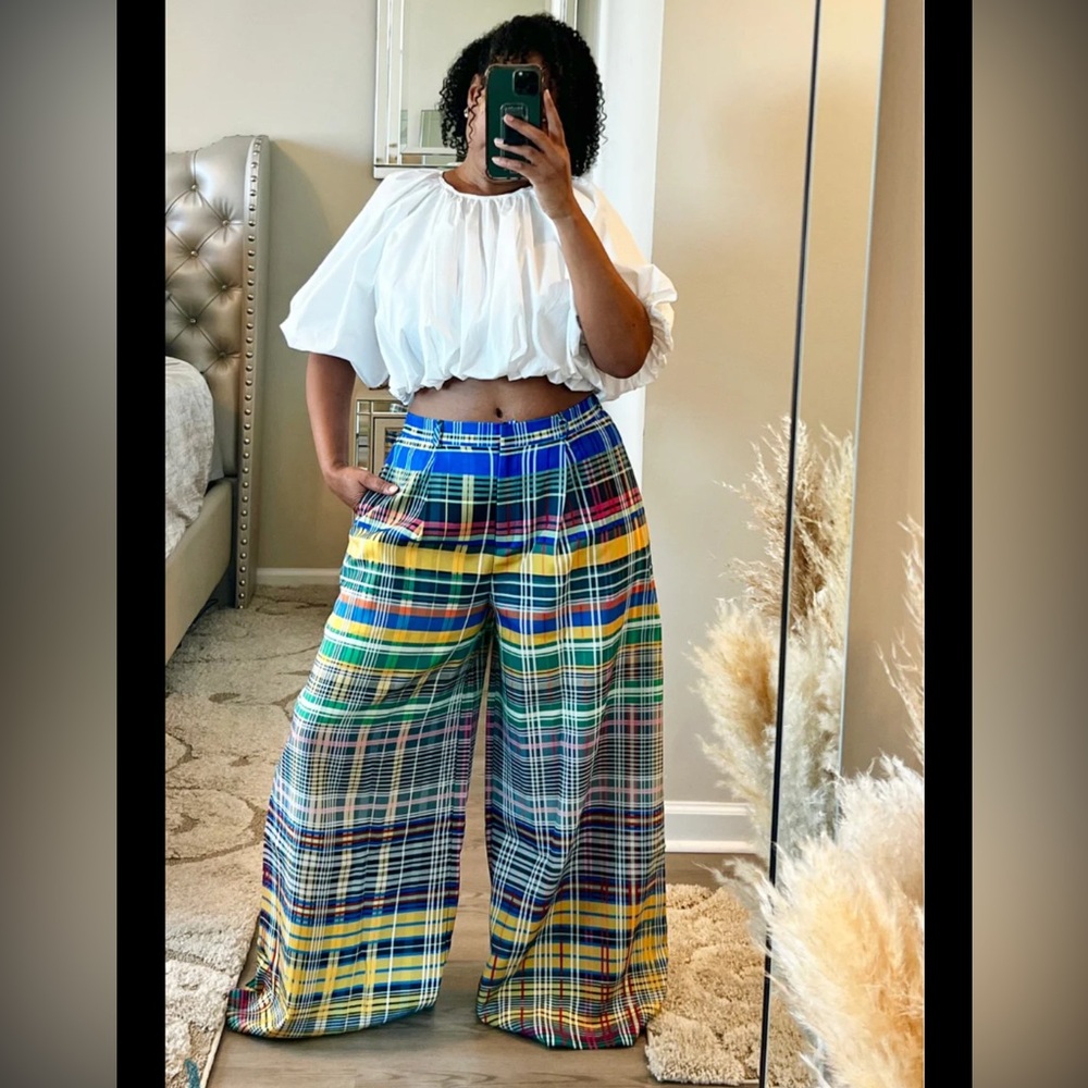 Colorful Plaid Wide Leg Dress Pants